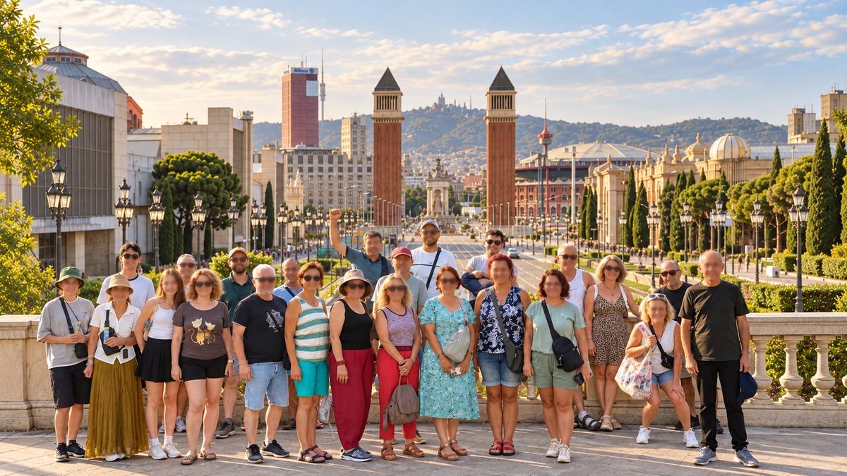 A walking group on Montjuïc in Barcelona, with the Venetian towers and the avenue behind them.